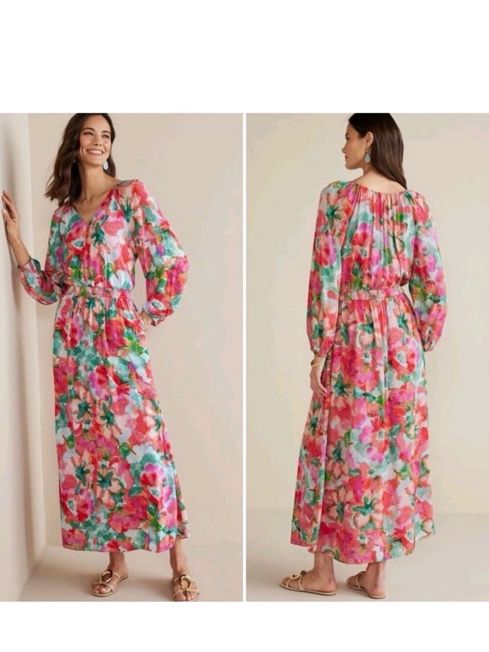 Soft Surroundings Avalina Maxi Dress Smocked Long Sleeve Lined Festive XS Floral